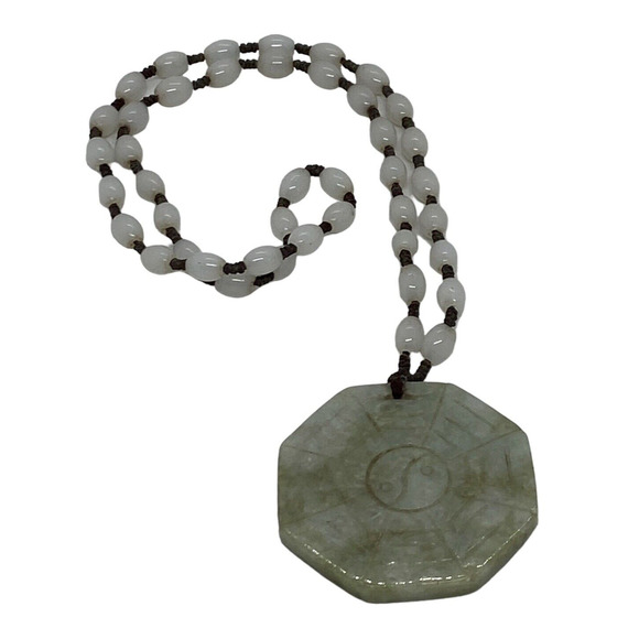 White Glass Bead 22" Necklace Green Nephrite Jade Carved Octagonal Pendant China - Picture 3 of 16